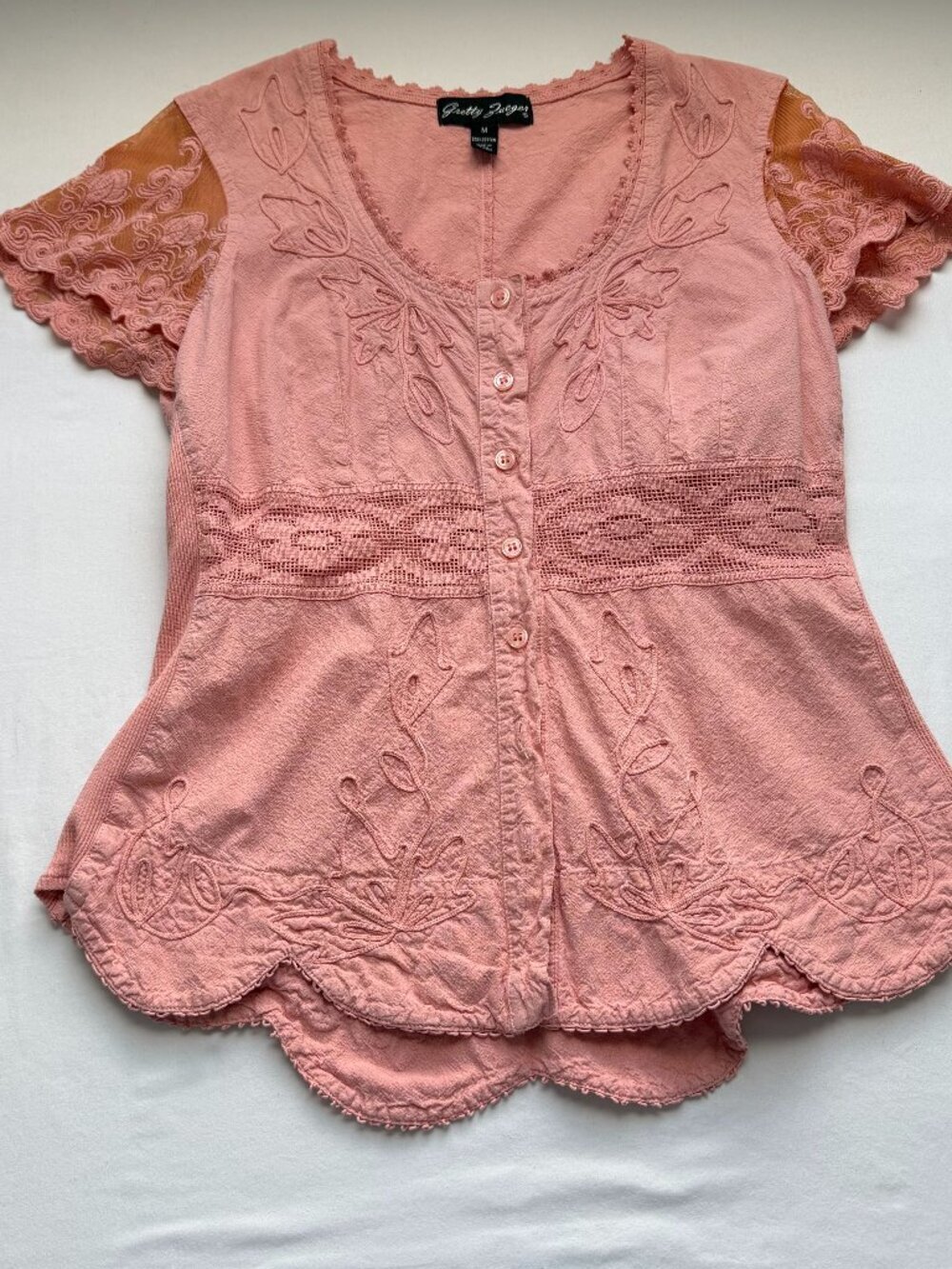 Gretty Zueger Pink Embroidered Boho Blouse Medium Cottagecore Lace Sleeve Top